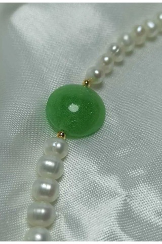 24k Altın Kaplama Gerçek İnci Zümrüt Yeşil Akrilk Detaylı Pırıltı Gold