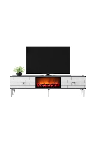 Volcanos Şömineli Tv Sehpası Tv Ünitesi Antrasit Beyaz