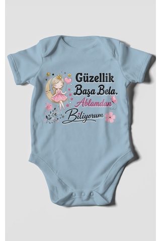 Morivokids Güzellik Başa Bela Ablamdan Biliyorum Kısa Kollu Bebek Body %100 Pamuk Bebe Mavisi
