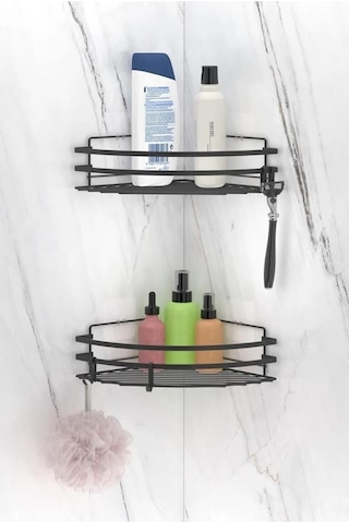 Tekno Tel St-207 Yapışkanlı 2'li Köşelik Banyo Rafı Siyah Deliksiz Duş Organizeri Kancalı Siyah