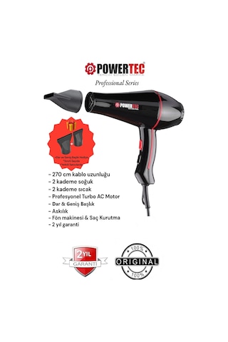 Powertec TR-601/TR-601S Turbo Profesyonel 2500 W Saç Kurutma Makinesi Siyah