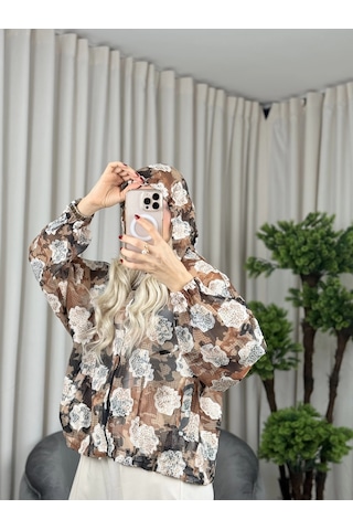 On Fashion Kapüşonlu Desenli Fermuarlı Kadın Kahverengi İnce Mont 52704 Kahverengi