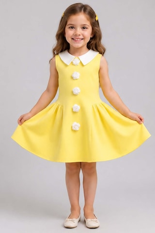 Riccotarz Kız Çocuk Bebe Yakalı Boydan Gül İşlemeli Eteği Asimetrik Kesim Kolsuz Sarı Elbise