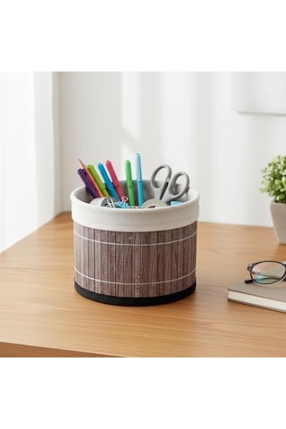 Yuvarlak Bambu Düzenleyici Ve Saklama Sepeti Çok Amaçlı Banyo, Makyaj Ve Ofis Organizeri, Kumaş Astarlı Dekoratif Silindir Kutu 18x13 Cm, Gri 000 Açık Krem