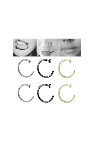 Flybuy 5 Paslanmaz Çelik Burun Halkası, Dudak Bandı, C Şekli, 0.8x6+2 Siyah Siyah