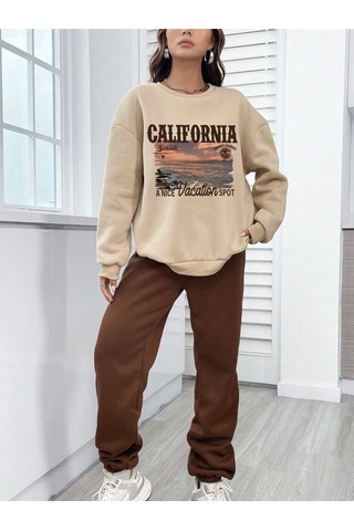 Hırsch Kadın Bej California Seaside Baskılı Oversize Alt Üst Eşofman Takımı Vizon