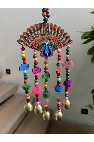Tavuskuşu Detaylı Renkli Ve Zilli Duvar Dekoru/rüzgar Çanı/feng Shui Bereket Zili