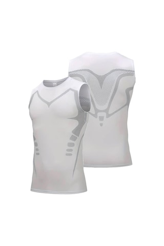 Ghassy Co. Erkek Fitness Hızlı Kuruma Nefes Alabilen Çapraz Daraltma Tipi Kolsuz Spor T-shirt 001 Beyaz