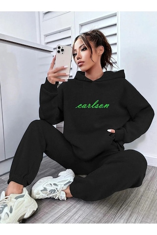 Carlson Eşofman Takımı Sweatshirt Jogger - Siyah Baskılı Oversize Şardonlu Kapüşonlu Siyah