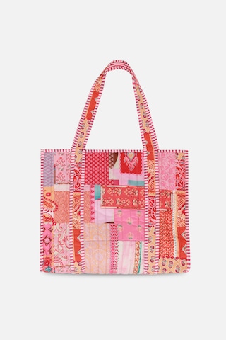 İcone Bag Patch Yama Desen Baskılı Kapitoneli Plaj Çantası, İçi Çizgili Baskılı Shopper Çanta, Pembe Plaj Çantası