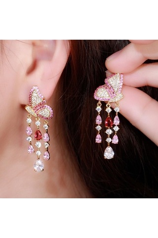 Novahub Sarı Altın Kelebek Küpe, Damla Püskül, Siyah Altın Renk, Kadın, 4.7 Cm Çok Renkli