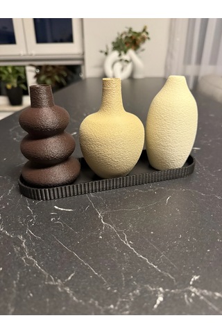 Alvera 3'lü Dekoratif Vazo Seti Ve Sunum Tepsisi Modern Minimalist Masa Dekoru Çok Renkli