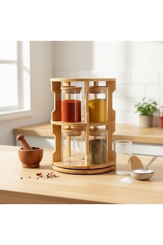 Doğal Bambu 360 Döner Standlı 10&apos Lu Cam Baharatlık Seti - Büyük Boy 250 Ml Ahşap Kapaklı Baharat Takımı Açık Bej