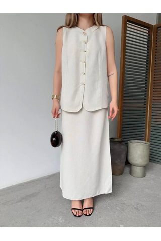 Keten Kolsuz Sıfır Yaka İlik Düğmeli Kolsuz Hırka Etek İkili Takım- Beyaz Beyaz