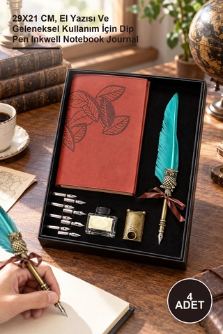 4 Adet Deri Defterli Ve Divit Hokka Seti 29x21 Cm, El Yazısı Ve Geleneksel Kullanım İçin Dip Pen Inkwell Notebook Journal
