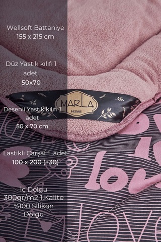 Love Desen Welsoft Pamuklu Çift Taraflı Pofuduk Tek Kişilik Uyku Seti - Pembe - 155 X 215