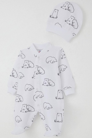 Breeze Erkek Bebek Patikli Tulum Sevimli Kutup Ayıcığı Desenli 0-6 Ay, Beyaz Beyaz