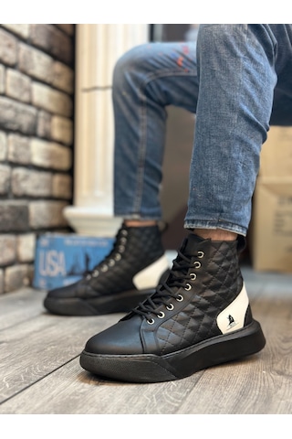 Ba0159 Bağcıklı Erkek Yüksek Taban Siyah Beyaz Spor Bot Siyah