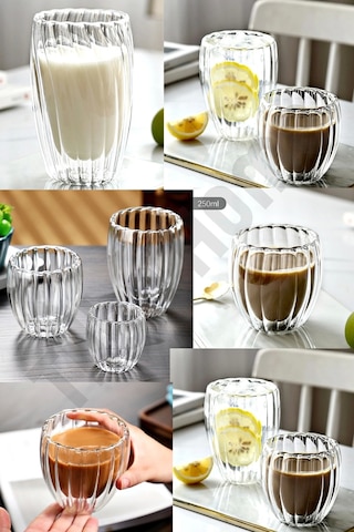 2'li Çift Cidarlı Burgulu Kristal Cam Bardağı Çay Süt Kahve Kupası Sıcak & Soğuk Retro Bardak Seti