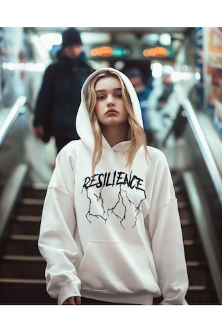 Sevbano Resilience Baskılı Unisex Oversize Tasarım Hoodie Beyaz
