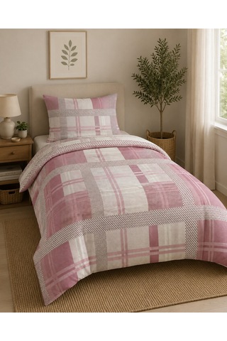 Tek Kişilik Nevresim Takımı %100 Pamuk 160x220 Lastikli Çarşaflı 100x200 Beyaz - Pembe