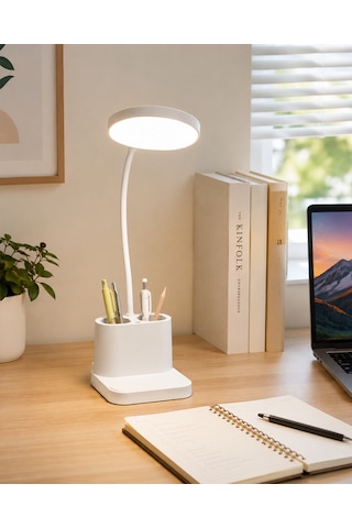 3 Modlu Led Masa Lambası Ve Kalemlik Esnek Boyunlu Dokunmatik Çalışma Lambası, Kalem Organizerli Masaüstü Aydınlatma, Beyaz 27911430