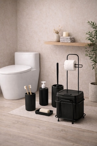 Decorev Büyük Banyo Standlı 6'lı WC Seti 5 Litre Çöp Kovası Siyah