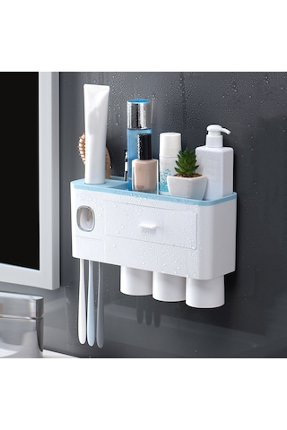 Geeksen Duvara Monte Diş Fırçası Askısı Dispenseri Delme Gerekmez Yer Tasarrufu Manyetik Diş Macunu Sıkacağı Bardak Banyo Düzenleyici Ev Ticari Mavi
