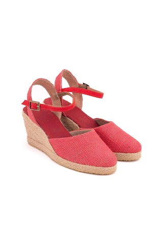 Star Tombis Gerçek Elişi Topuğu Açık Bilekten Bantlı Dolgu Topuk Keten Hasır Espadril Handmade Kırmızı