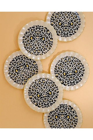 Glore Leopar Wavy Altın Yaldızlı 6 Kişilik Cam Pasta Tabağı Takımı 25098