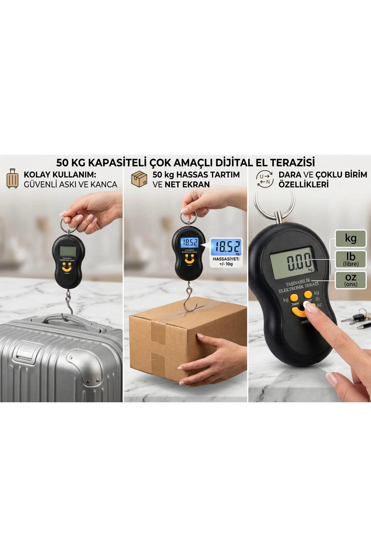 Dijital El Terazisi 50 Kg Hassas Kancalı Valiz Bavul Ve Kargo Terazisi