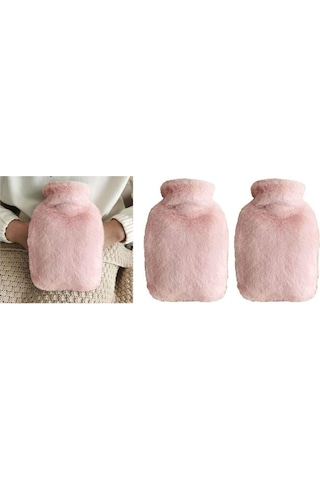 2 Adet Sıcak Su Torbası Yan Cepli Pembe Peluş Termofor 27x17x2cm 1 Litre Pembe