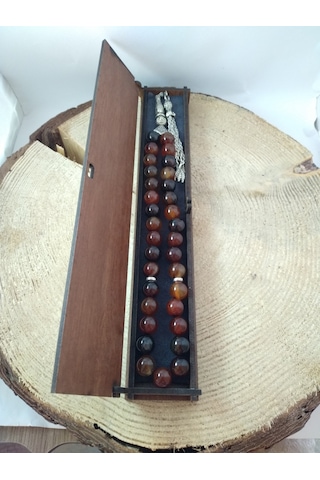 Kızıl Kahve Akik Taşı Tespih Ahşap Kutulu / 10 MM Doğaltaş Tespih