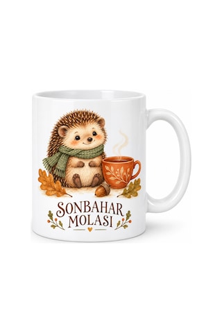 Sonbahar Molası Kirpi Tasarımlı Porselen Kupa - Yaprak Ve Kahve Temalı - Model 258 Diğer