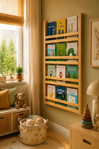 Duvar Kitaplığı Masif Ahşap Montessori Duvar Kitaplık Ahşap