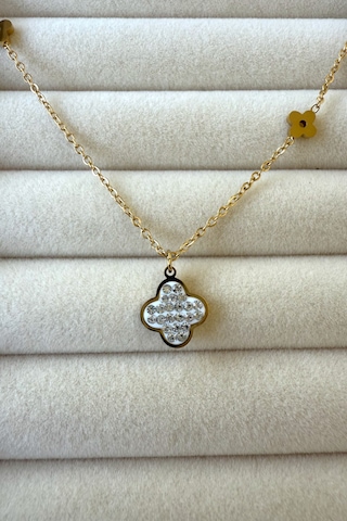 Jewels Of Hope Zirkon Taşlı Altın Rengi Yonca Kolye 316l Paslanmaz Çelik Antialerjik Kolye 50 Cm Altın