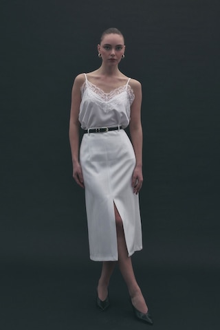 Sateen Anna Yırtmaçlı Etek - Ekru-137174 Ekru