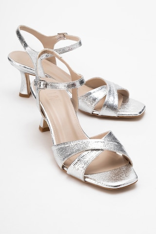 Luvishoes Luvi Shoes Melin Gümüş Desenli Çapraz Bantlı Kadın Topuklu Ayakkabı Gümüş