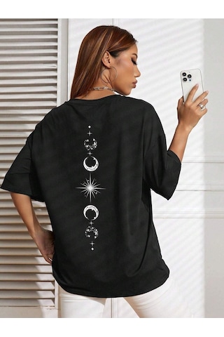 Moon Start T-shirt - Siyah Baskılı Oversize Bisiklet Yaka Kısa Kol SIYAH