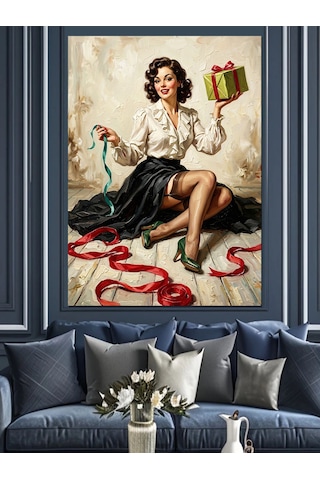 Hediye Kutusuyla Retro Pin Up Dekoratif Kanvas - Mdf Ahşap Tablo
