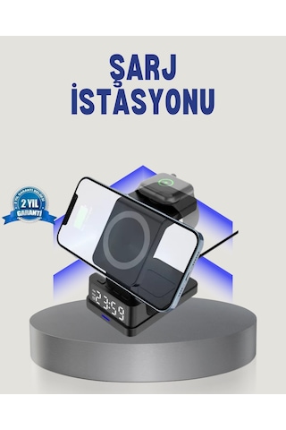 Mey Najmaddin Kablosuz Şarj Cihazı Ve Dijital Saat 4 Ü 1 Arada Hızlı Şarj, Led Işıklı Tasarım Najmaddin