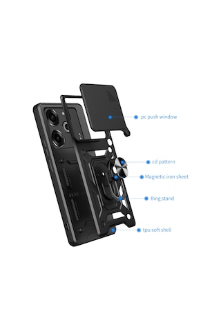 Teleplus Tecno Pova 6 Pro Kılıf Magnetik Standlı Kamera Korumalı Slide Sürgülü Cover Kapak Siyah