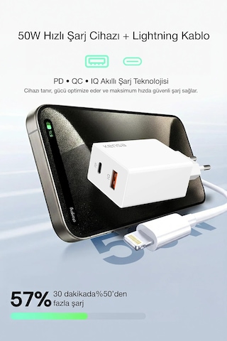 50w Pd Hızlı Şarj Başlığı + Usb-c To Lightning Kablo Apple Uyumlu Uyumlu iPhone Uyumlu, Akıllı Güvenlik Çipli 1 Adet