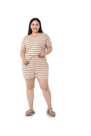 Büyük Beden Düşük Kollu Beli Lastikli Cepli Vizon Çizgili Şort Tulum-vizon Vizon