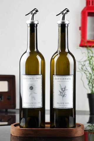 Ahşap Stantlı Amber 2'li 750 Ml Zeytinyağı Sıvıyağ Şişesi Yağd...