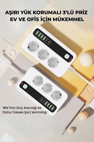 Pro P10 3x Priz 3000w Akım Korumalı 4x Usb 2x Type-c Girişli Çoklu Priz 0.2 M