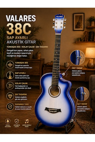 Valares 38c Kesik Kasa Sap Ayarlı Akustik Gitar 38 4/4 Full Aksesuar Hediyeli Mavi Sunburst Blue Sunburst
