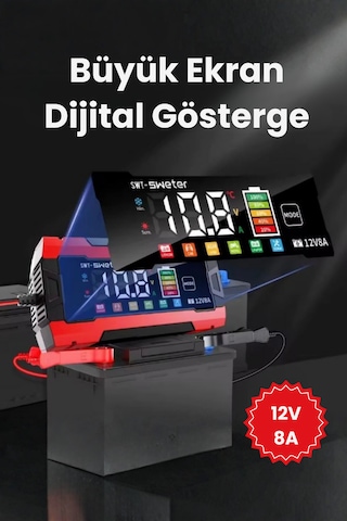 Auhma12v 8a Akıllı Akü Şarj Cihazı 12v 8a Lcd Ekranlı Pulse Repair Otomatik Akü Şarj & Desülfatör