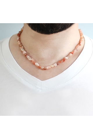 Silver Renk Metal Zincirli Amorf Güneş Taşı Doğaltaş Erkek Kolye Gümüş