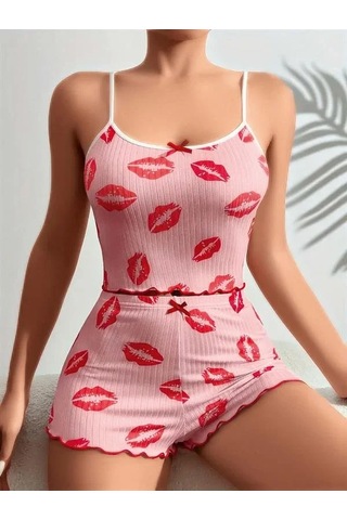 Atyticaret Kadın Pamuklu Kiss Öpücük Desen Pembe Şortlu Pijama Takımı